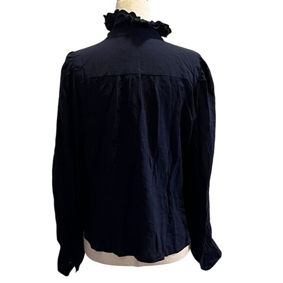 BANANA REPUBLIC WOMENS BUTTON DOWN RUFFLED BLOUSE NAVY BLUE SIZE XSMALL - Picture 2 of 9